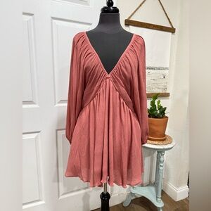 Rust V-Neck Long Sleeve Dress by Mabel